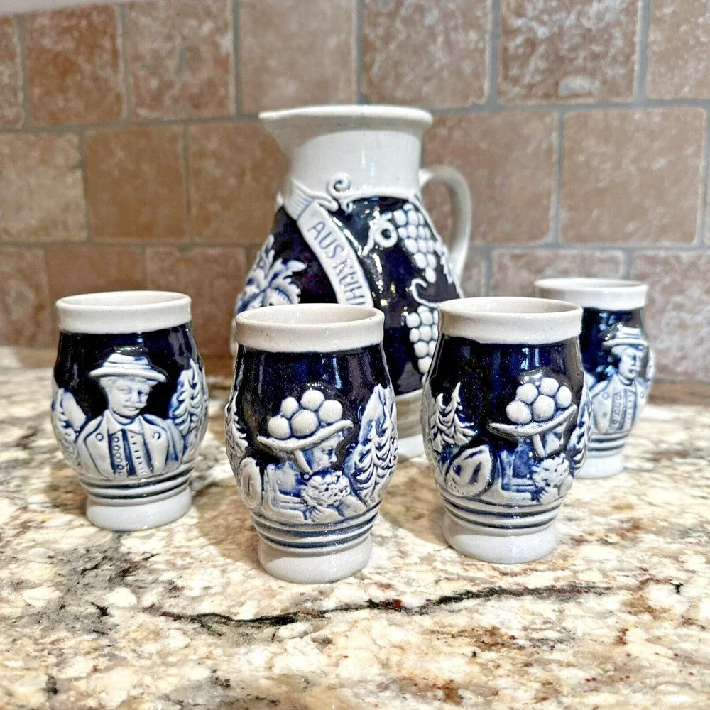 Vintage Trink Edlen Wein Aus Kuhlem Stein‎ Salt Glazed Grapes Pitcher W 4 Cups